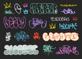 Street art graffiti signatures and crown tags hand drawn vector template. Underground outline graffiti elements and  Hip Hop lettering for print fabric and textile design. Crown tag collection © VRTX