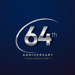 64th anniversary logotype silver color with swoosh or ring, isolated on blue background for anniversary celebration event.