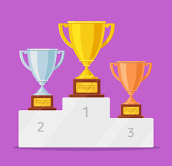 Flat trophy cups on pedestal vector illustration. Gold, silver, bronze trophy cup, goblet on podium or pedestal isolated on background. 1st, 2nd, 3rd place. Handing awards to winner