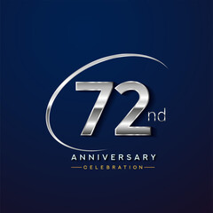 72nd anniversary logotype silver color with swoosh or ring, isolated on blue background for anniversary celebration event.