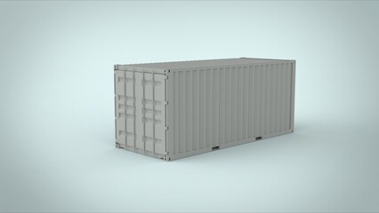 Right isometric view of white cargo twenty feet shipping freight container with closed doors for logistics see transportation and delivery isolated on soft blue background 3d rendering image