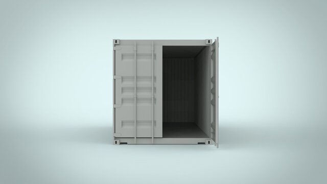 Front View Of White Cargo Twenty Feet Shipping Freight Container With Open Door For Logistics See Transportation And Delivery Isolated On Soft Blue Background 3d Rendering Image