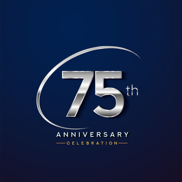 75th anniversary logotype silver color with swoosh or ring, isolated on blue background for anniversary celebration event.