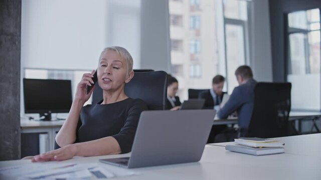 Flirty business woman talking on phone in office appointing meeting with partner
