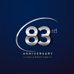 83rd anniversary logotype silver color with swoosh or ring, isolated on blue background for anniversary celebration event.