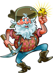 old prospector with gold nugget  - obrazy, fototapety, plakaty