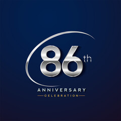 86th anniversary logotype silver color with swoosh or ring, isolated on blue background for anniversary celebration event.