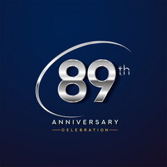 89th anniversary logotype silver color with swoosh or ring, isolated on blue background for anniversary celebration event.