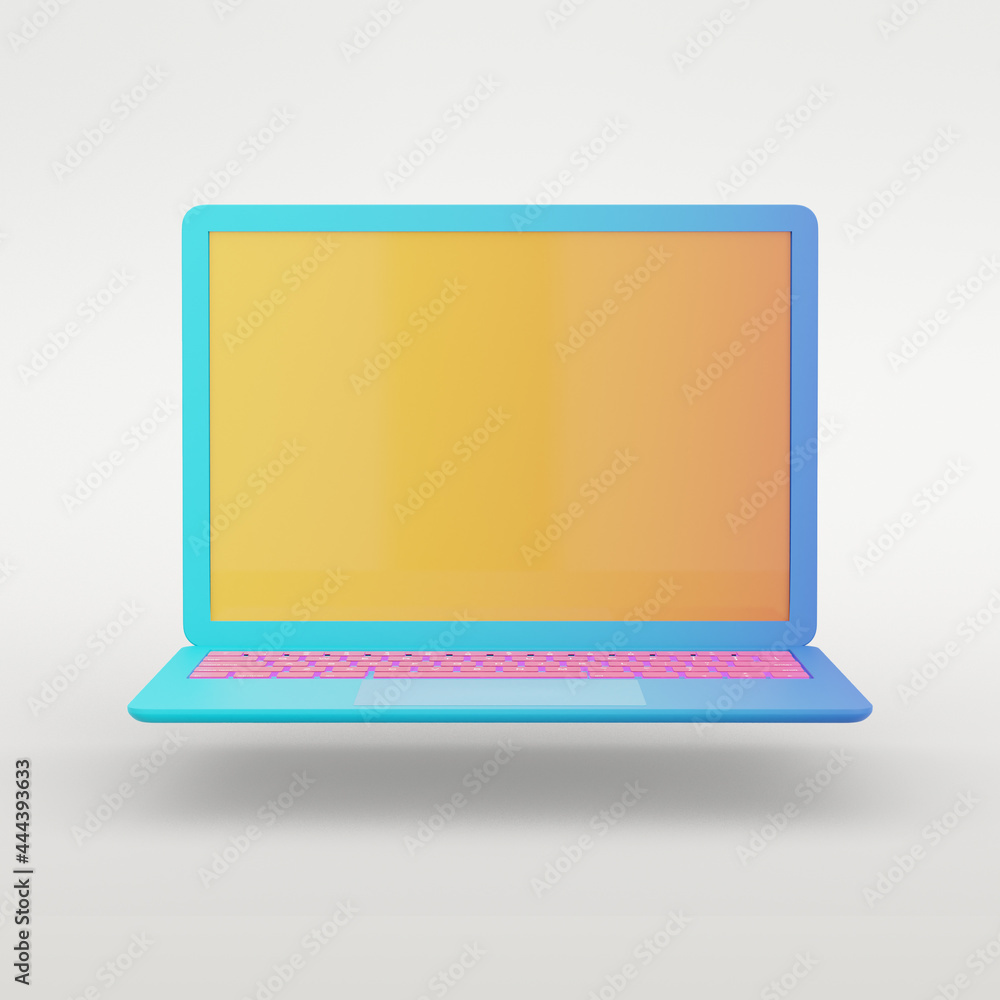 Poster 3d rendering object. colorful blue laptop with yellow screen and pink keyboard isolated white backgr