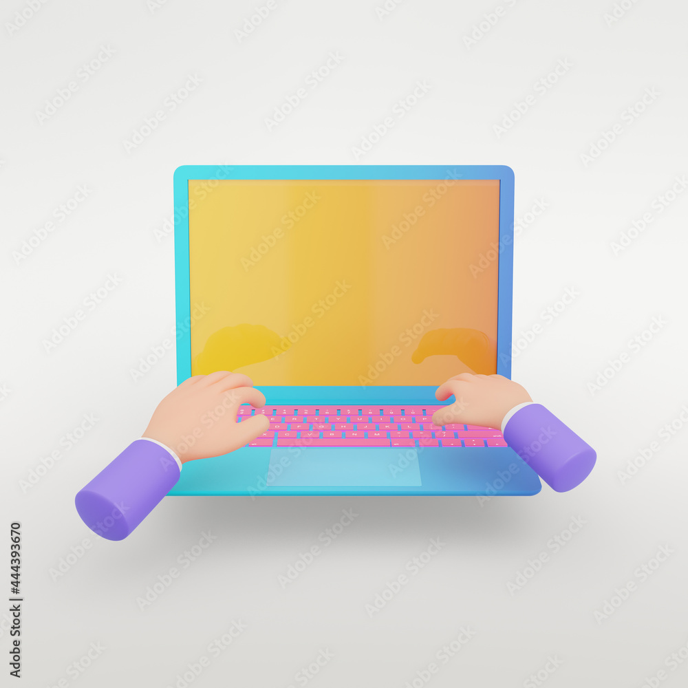 Poster 3d rendering object. colorful blue laptop with yellow screen and pink keyboard with hands operation 