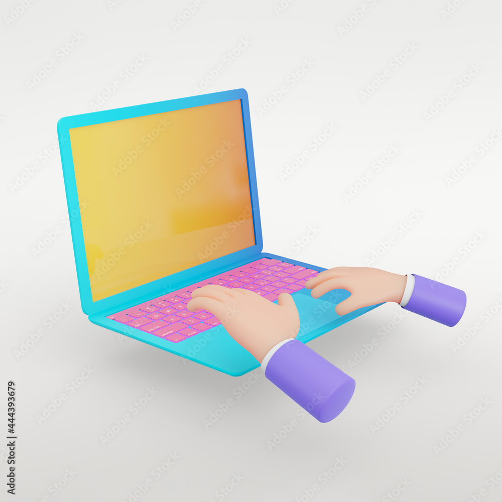 Poster 3d rendering object. colorful blue laptop with yellow screen and pink keyboard with hands operation 