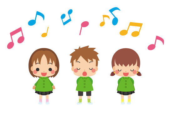 お友達と歌を唄っている可愛い幼稚園児の子供たちのイラスト　白背景