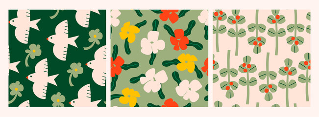 Abstract plants. Simple Various Flowers and Leaves, birds. Set of three Hand drawn colored Vector Seamless Patterns. Background, wallapaper. Floral design, Naive art. Colorful trendy illustration