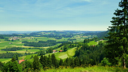 Fototapeta na wymiar Blick auf grüne Landschaft bei Kranzegg im Allgäu mit Wiesen und Wäldern unter blauem Himmel