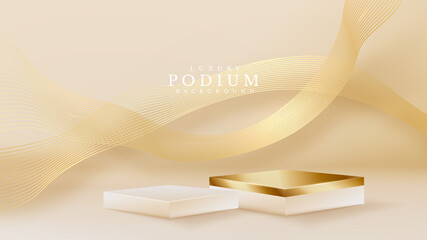 Realistic white product podium showcase with line golden wave on back. Luxury 3d style background concept. Vector illustration for promoting sales and marketing.
