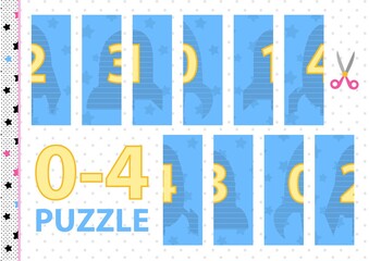 Visual math puzzle for cutting. Match the pairs of halves of numbers 0-4. Printable 14 horizontal album worksheet. Vector. Funny cartoon silhouettes of rockets.