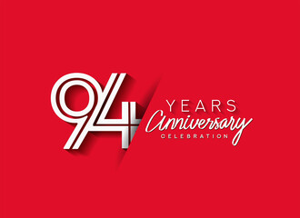 94th Years Anniversary celebration logo, flat design isolated on red background.