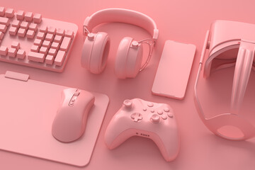 Top view of gamer workspace and gear like mouse, keyboard, joystick, headset, VR © Vasyl Onyskiv