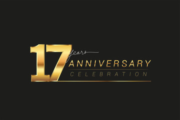 17th years anniversary celebration logotype. Anniversary logo with golden and silver color isolated on black background, vector design for celebration, invitation card, and greeting card.