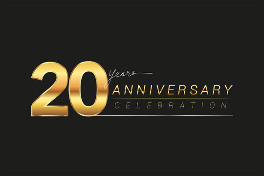 20th years anniversary celebration logotype. Anniversary logo with golden and silver color isolated on black background, vector design for celebration, invitation card, and greeting card.