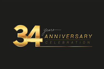 34th years anniversary celebration logotype. Anniversary logo with golden and silver color isolated on black background, vector design for celebration, invitation card, and greeting card.