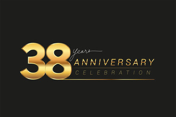 38th years anniversary celebration logotype. Anniversary logo with golden and silver color isolated on black background, vector design for celebration, invitation card, and greeting card.