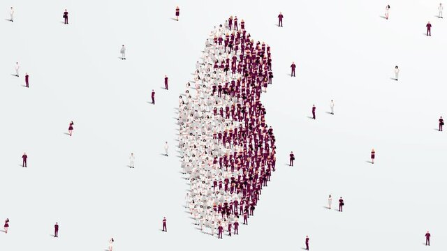 Qatar Map and Flag. A large group of people in Qatari flag color form create the map. 4K Video Animation.