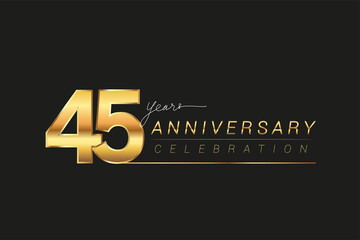 45th years anniversary celebration logotype. Anniversary logo with golden and silver color isolated on black background, vector design for celebration, invitation card, and greeting card.