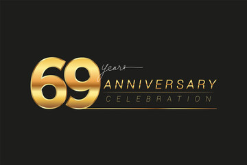 69th years anniversary celebration logotype. Anniversary logo with golden and silver color isolated on black background, vector design for celebration, invitation card, and greeting card.