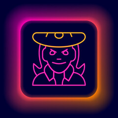 Glowing neon line Witch icon isolated on black background. Happy Halloween party. Colorful outline concept. Vector