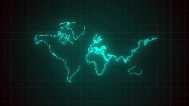 Colorful abstract world map line neon blazing glowing wiggle moving motion symbol sign on black background with  green grid line.