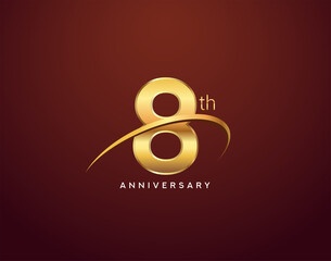 8th anniversary logotype golden color with swoosh, isolated on elegant background for anniversary celebration event.