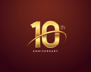 10th anniversary logotype golden color with swoosh, isolated on elegant background for anniversary celebration event.