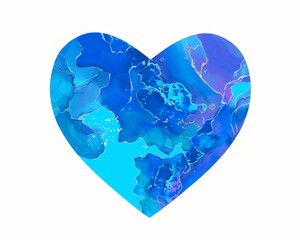 Alcohol Abstract background in the shape of a heart isolated white background. Blue and Purple. Sea water Fluid art.  Aquamarine Spray Watercolor. Painting Ink patterns. Pattern invitation design.
