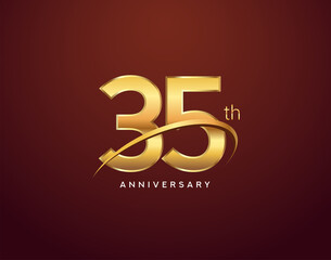 35th anniversary logotype golden color with swoosh, isolated on elegant background for anniversary celebration event.