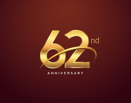 62nd anniversary logotype golden color with swoosh, isolated on elegant background for anniversary celebration event.