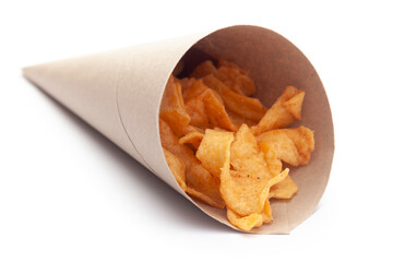 Close up of Soya Chips crunchy and salty Indian Namkeen In handmade ( handcraft ) brown paper cone bag