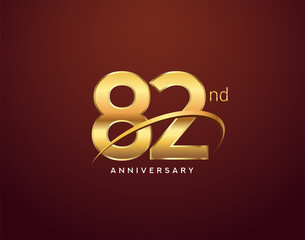 82nd anniversary logotype golden color with swoosh, isolated on elegant background for anniversary celebration event.