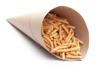 Close up of Ratlami Besan sev plane and salty Indian namkeen (snacks) In handmade ( handcraft ) brown paper cone bag