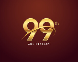 99th anniversary logotype golden color with swoosh, isolated on elegant background for anniversary celebration event.