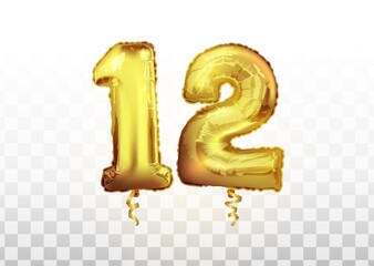Vector realistic isolated golden balloon number of 12 on the transparent background. Celebrating of 12 th years birthday vector 3d illustration. Twelve anniversary celebration.