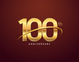 100th anniversary logotype golden color with swoosh, isolated on elegant background for anniversary celebration event.