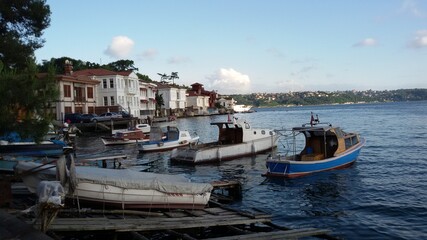 Fototapeta na wymiar Ein Blick auf die Villen in Beykoz und auf kleine Fischerboote. 
