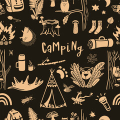 Camping hand drawn cute vector pattern against the dark background