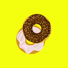 Vector Illustration: Colorul Donut, Bright Yellow Background, Glazed Colocolate Donut with White Cream Inside of It.
