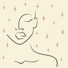 Continuous line, drawing of woman face, fashion concept, logo, woman beauty minimalist with stars. Highlight cover with woman face. One line continuous drawing