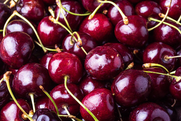 Ripe dark red cherry close-up, berries, top view macro photo