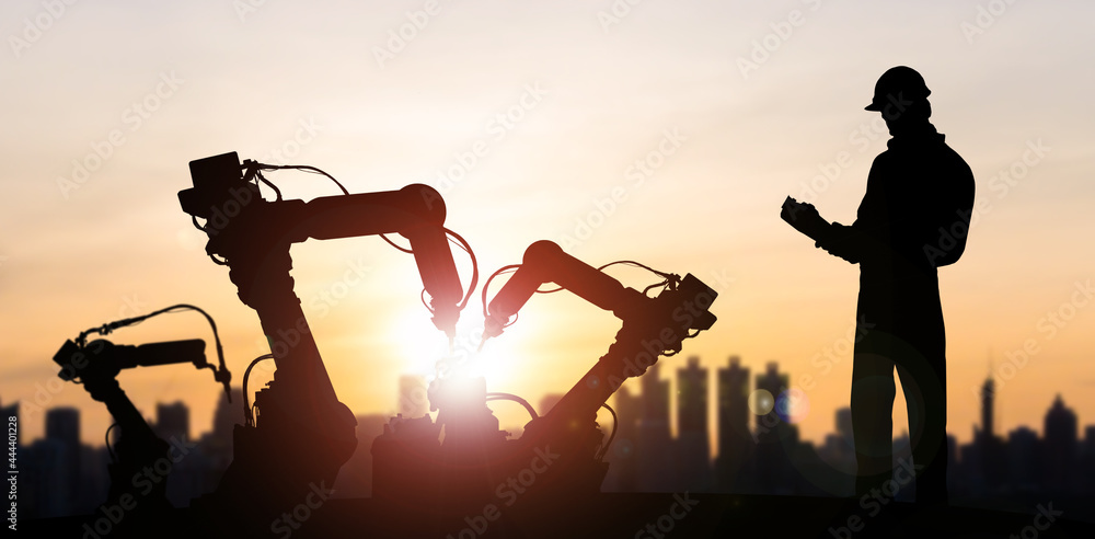 Poster mechanized industry of future factory double exposure image . concept of robotics technology for ind