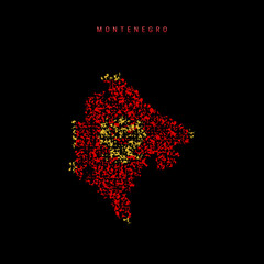 Montenegro flag map, chaotic particles pattern in the Montenegrin flag colors. Vector illustration