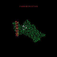 Turkmenistan flag map, chaotic particles pattern in the Turkmenian flag colors. Vector illustration